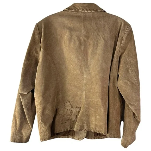 Coldwater Creek Suede Tan Genuine Leather Whipped Stitch Floral Jacket Size XL